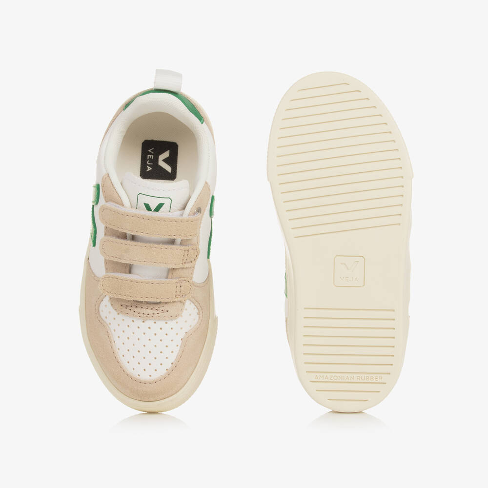 VEJA-حذاء رياضي V-10 جلد لون أبيض وأخضر | Childrensalon