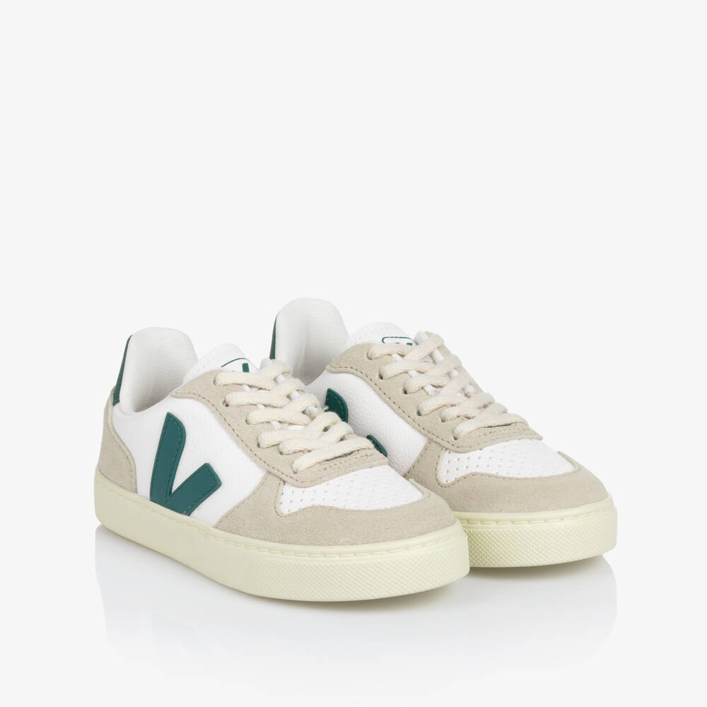 VEJA-White & Green Leather V-10 Trainers with Laces | Childrensalon