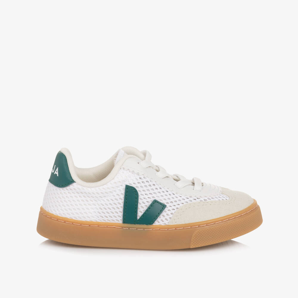 VEJA-White & Green Mesh Small Volley Aircell Slip On Trainers | Childrensalon