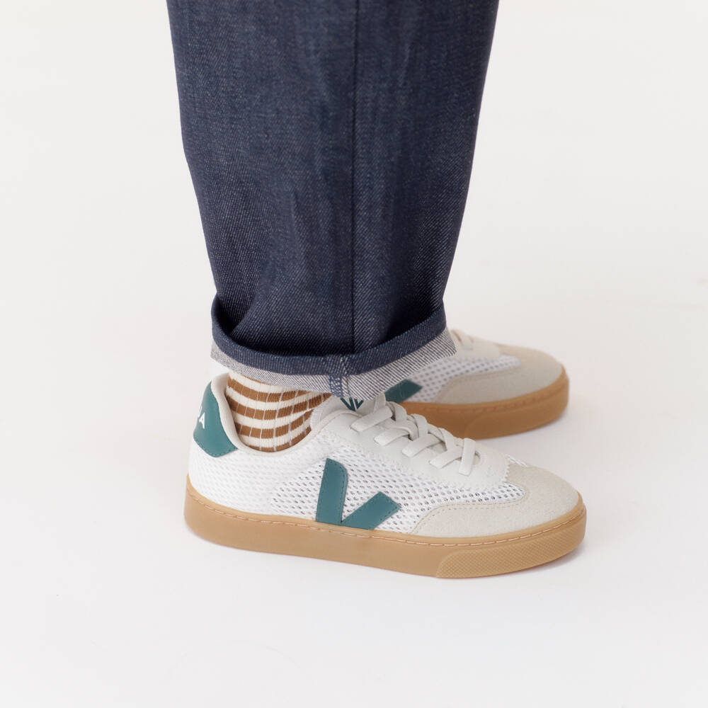 VEJA-Кроссовки бело-зеленые из сетки Small Volley Aircell слипоны | Childrensalon