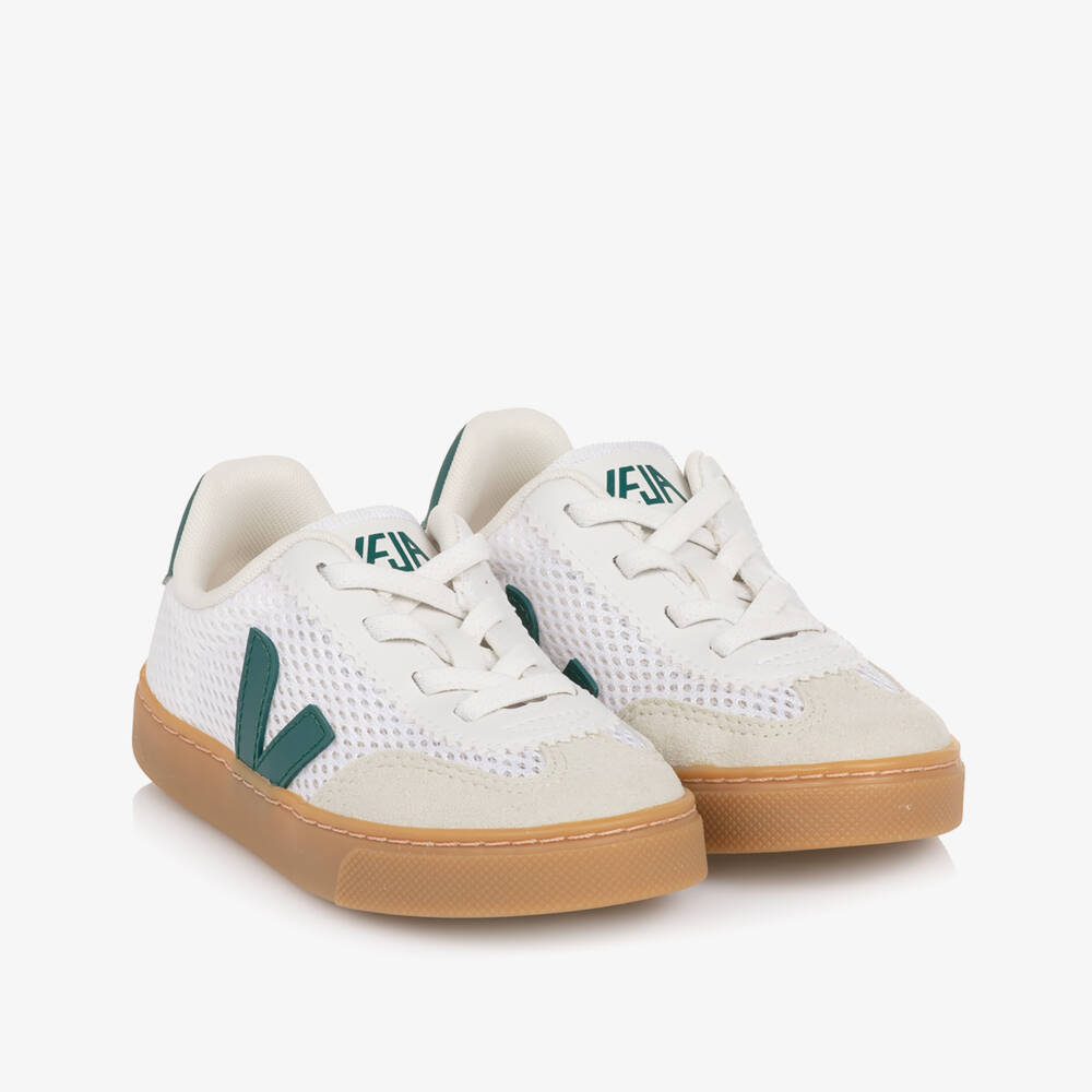 VEJA-White & Green Mesh Small Volley Aircell Slip On Trainers | Childrensalon