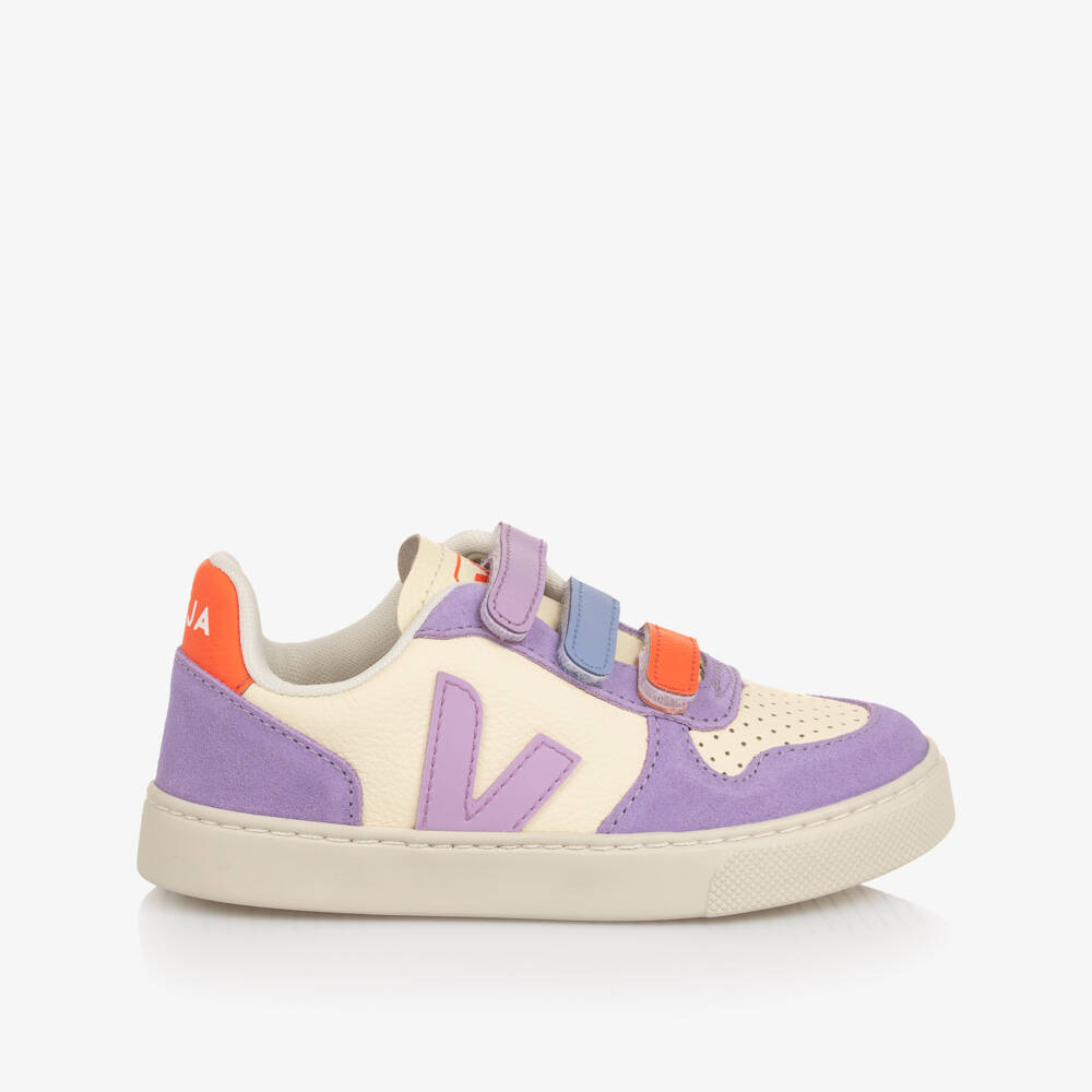 VEJA-White & Lilac Velcro V-10 Leather Trainers | Childrensalon