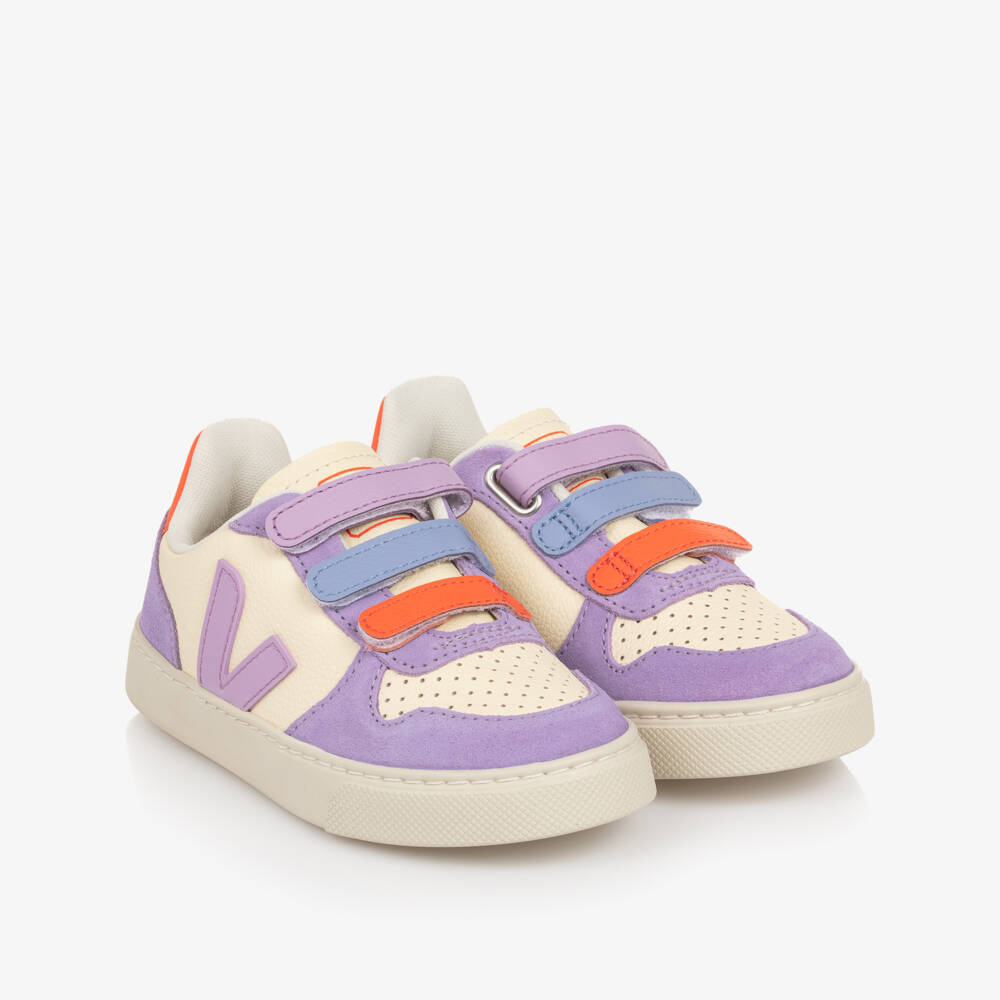 VEJA-White & Lilac Velcro V-10 Leather Trainers | Childrensalon