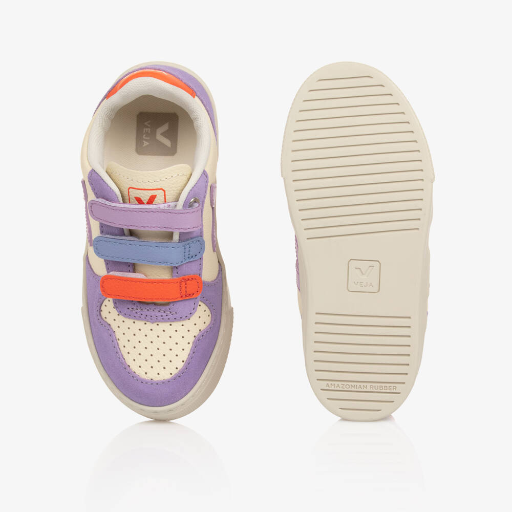 VEJA-White & Lilac Velcro V-10 Leather Trainers | Childrensalon