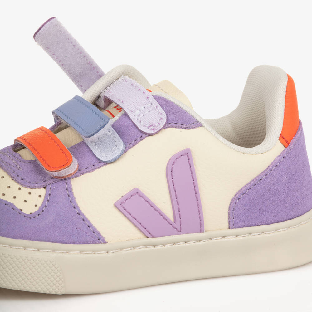 VEJA-White & Lilac Velcro V-10 Leather Trainers | Childrensalon