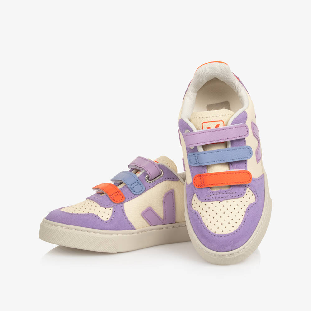 VEJA-White & Lilac Velcro V-10 Leather Trainers | Childrensalon