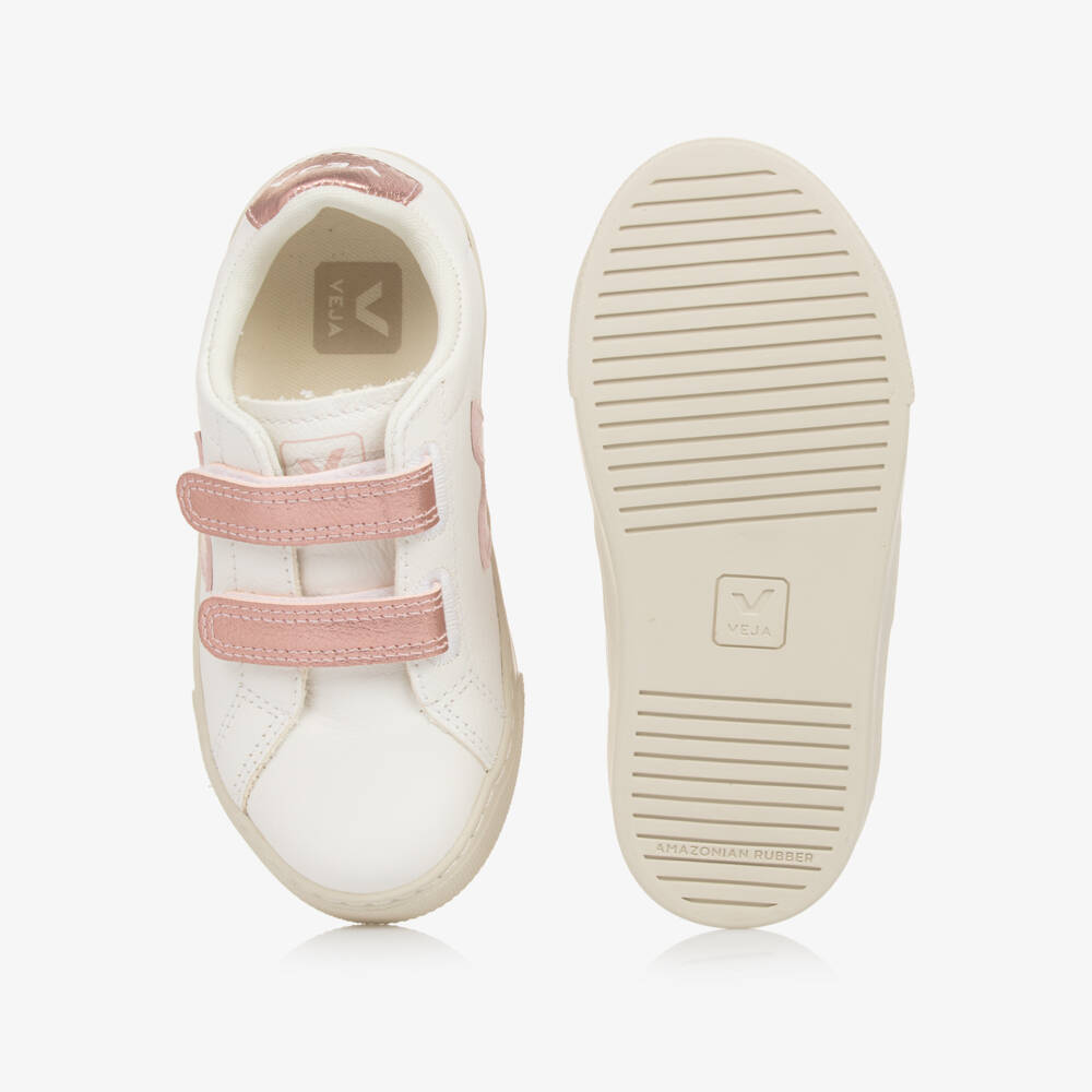 VEJA-White & Pink Leather Esplar Trainers | Childrensalon