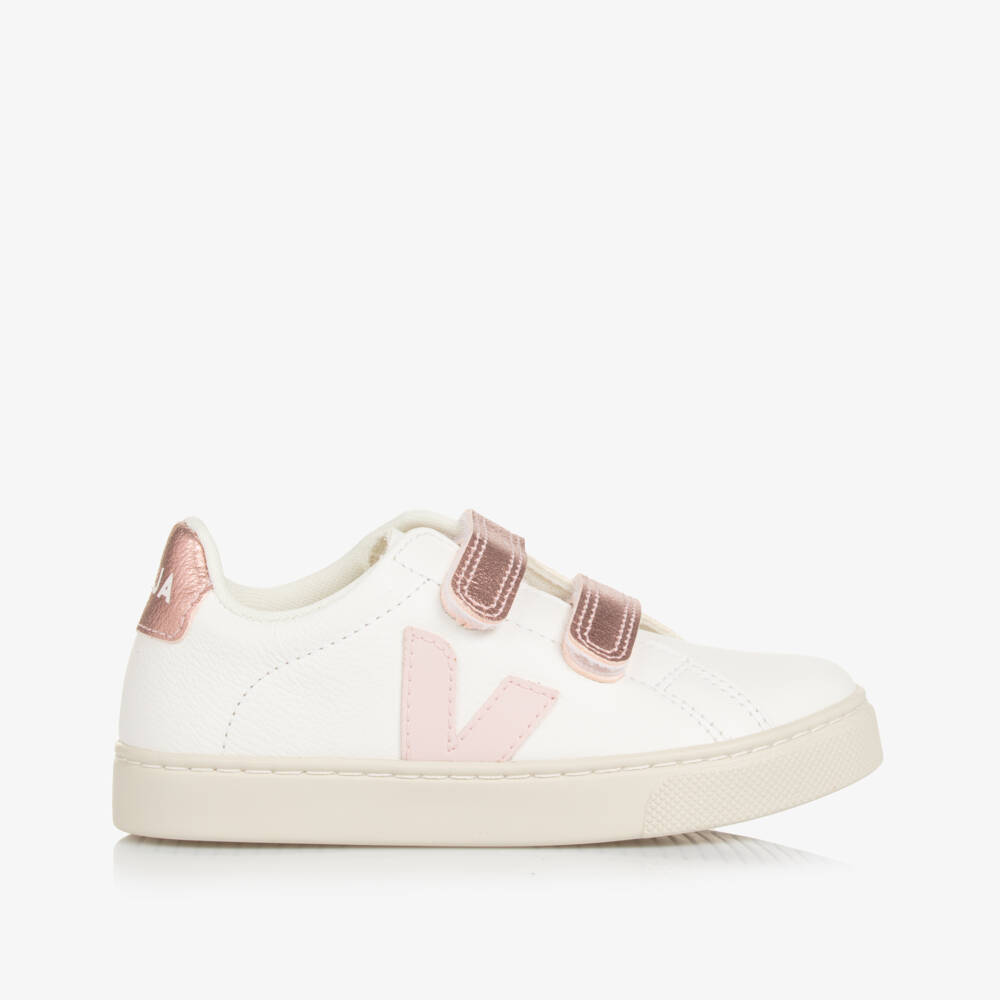 VEJA-White & Pink Leather Esplar Trainers | Childrensalon