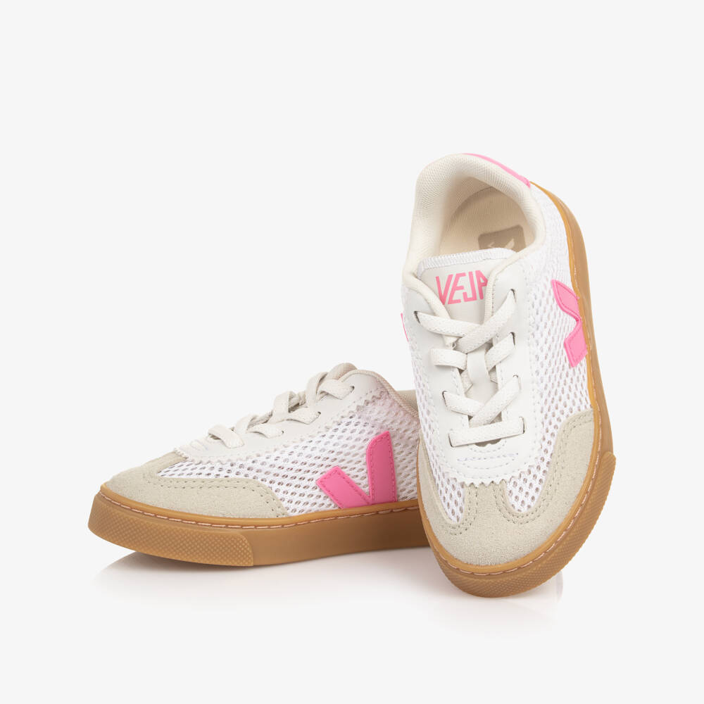 VEJA-White & Pink Mesh Small Volley Aircell Slip On Trainers | Childrensalon