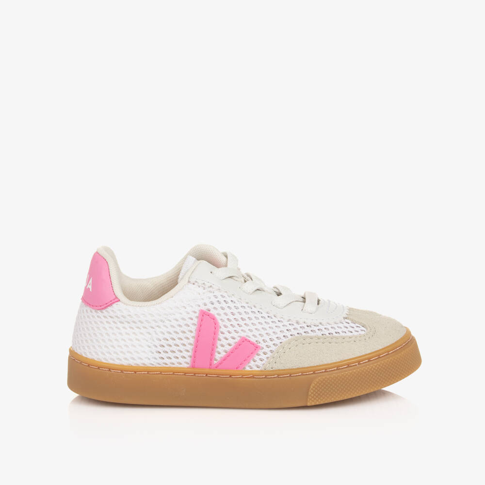 VEJA-White & Pink Mesh Small Volley Aircell Slip On Trainers | Childrensalon