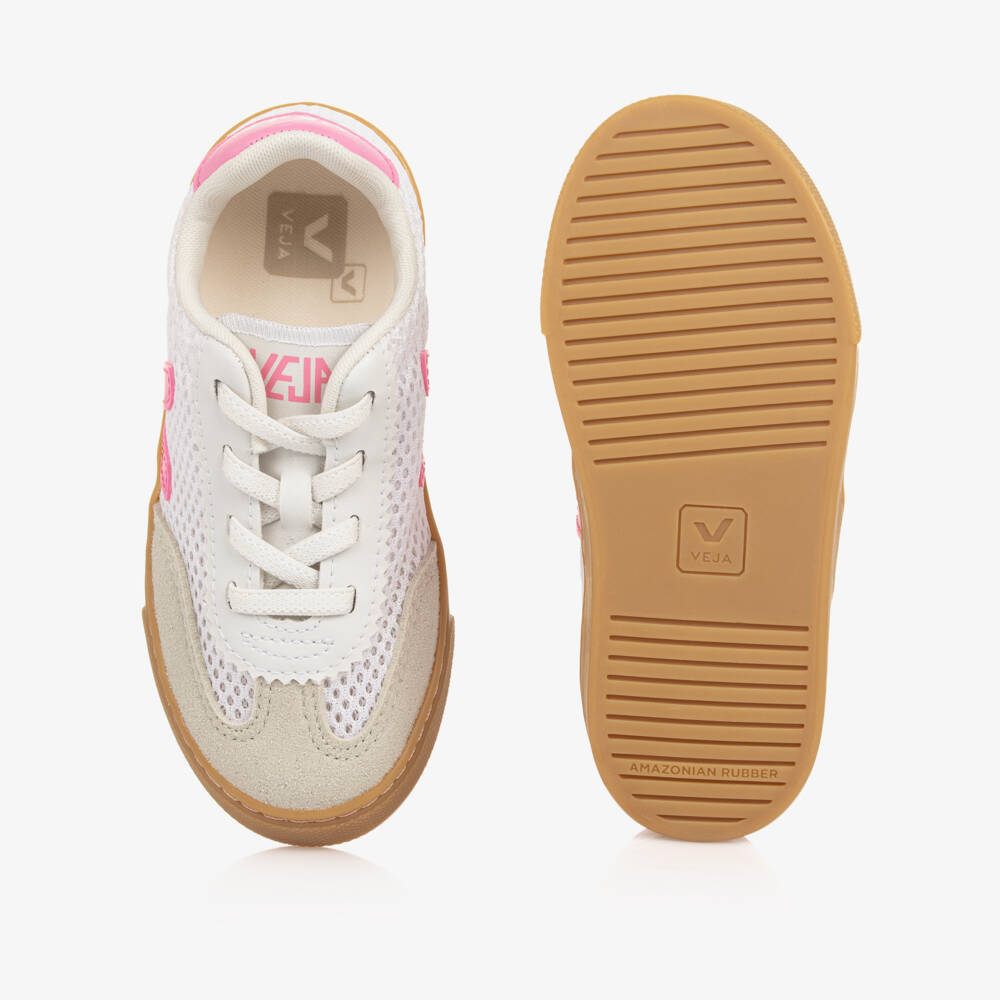 VEJA-White & Pink Mesh Small Volley Aircell Slip On Trainers | Childrensalon