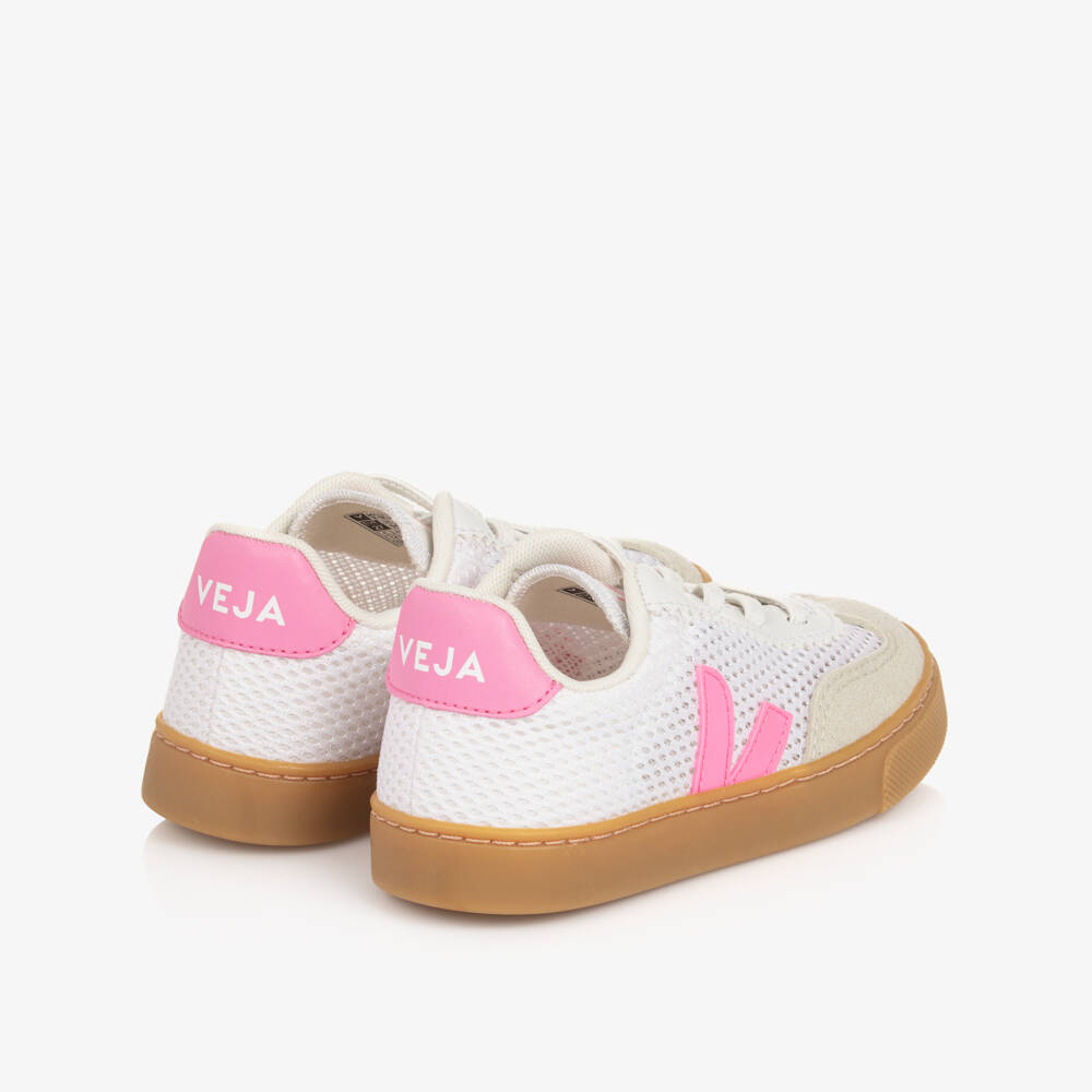 VEJA-White & Pink Mesh Small Volley Aircell Slip On Trainers | Childrensalon