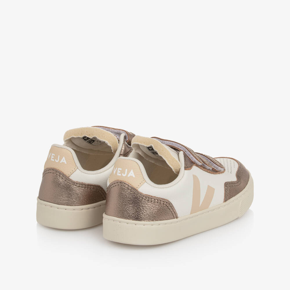 VEJA-White & Sable Bronze V-90 Leather Velcro Trainers | Childrensalon
