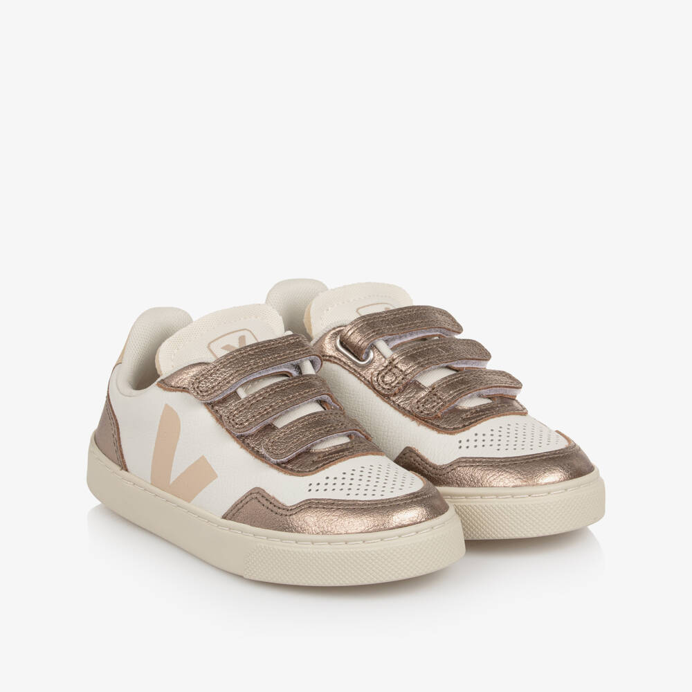 VEJA-White & Sable Bronze V-90 Leather Velcro Trainers | Childrensalon