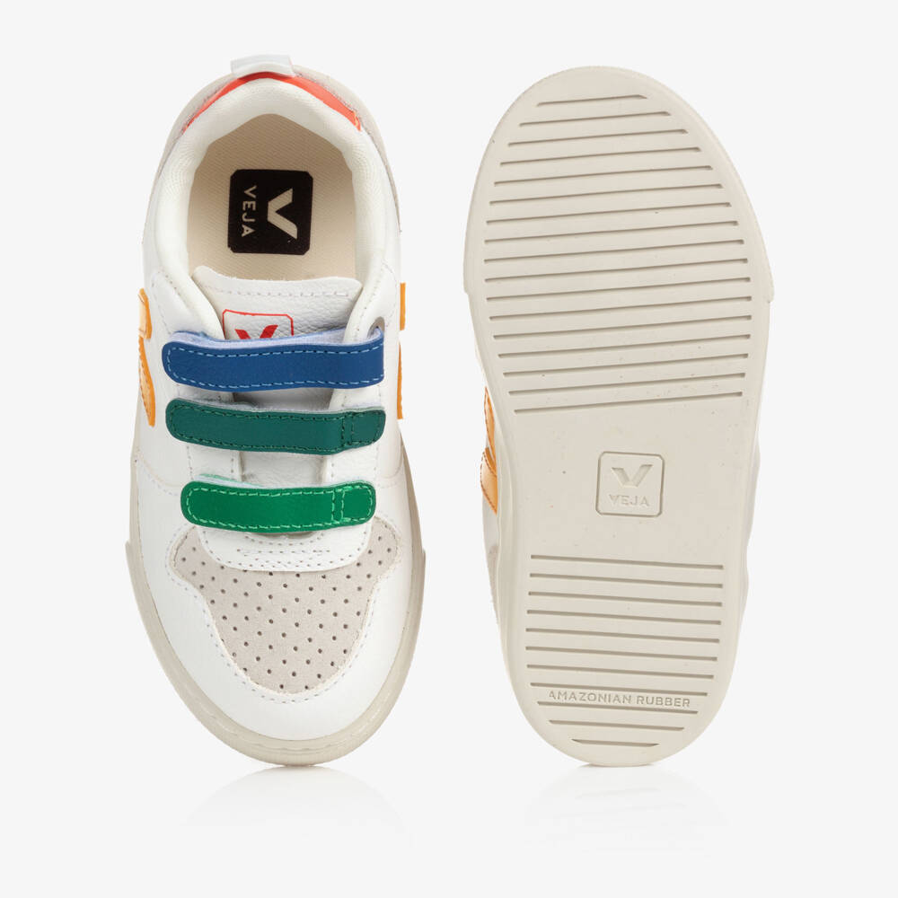 VEJA-White & Yellow Leather V-10 Velcro Trainers | Childrensalon