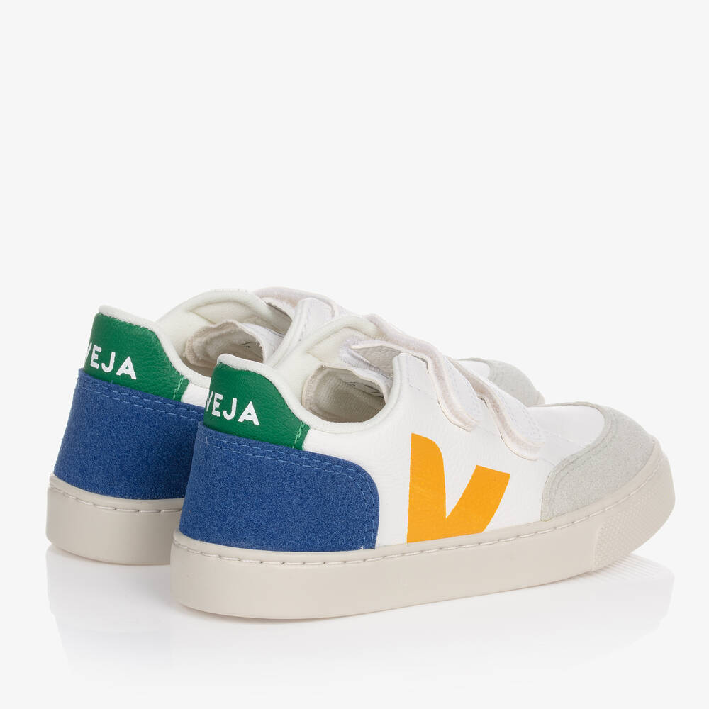 VEJA-White & Yellow Leather Velcro V-12 Trainers | Childrensalon