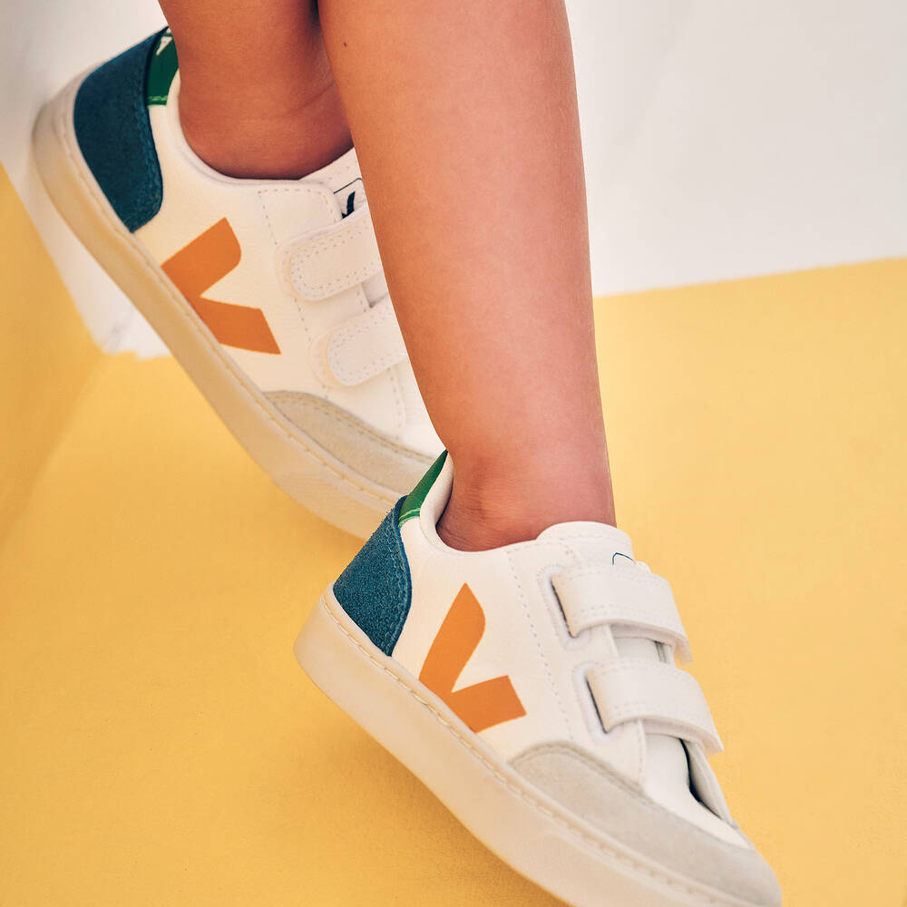 VEJA-White & Yellow Leather Velcro V-12 Trainers | Childrensalon