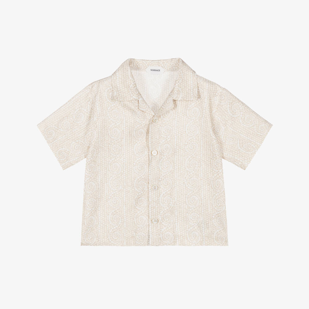 Versace-Baby Boys Ivory & Beige Greca Mosaic Silk Shirt  | Childrensalon