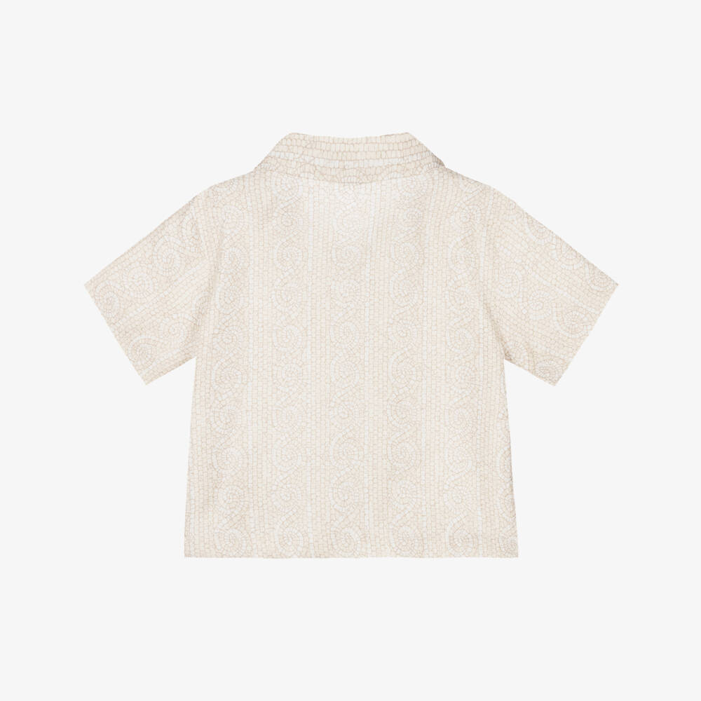 Versace-Baby Boys Ivory & Beige Greca Mosaic Silk Shirt | Childrensalon