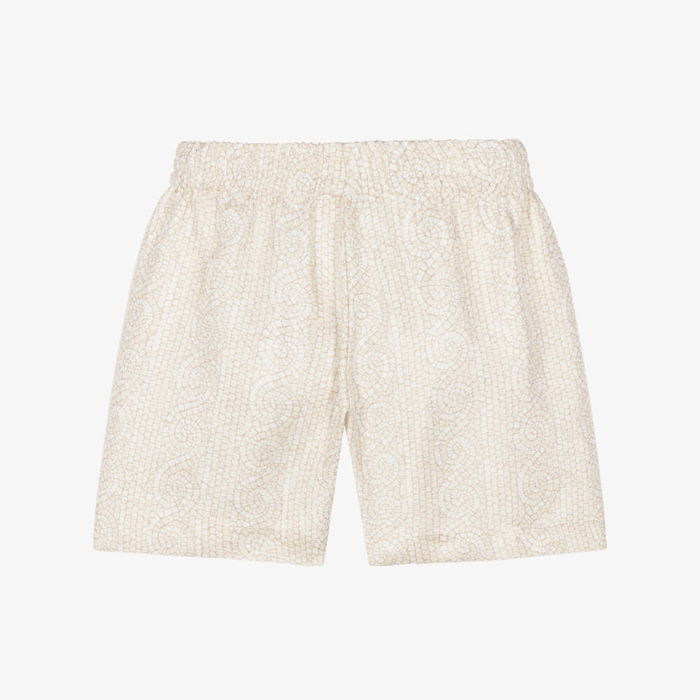 Versace-Baby Boys Ivory & Beige Greca Mosaic Silk Shorts | Childrensalon