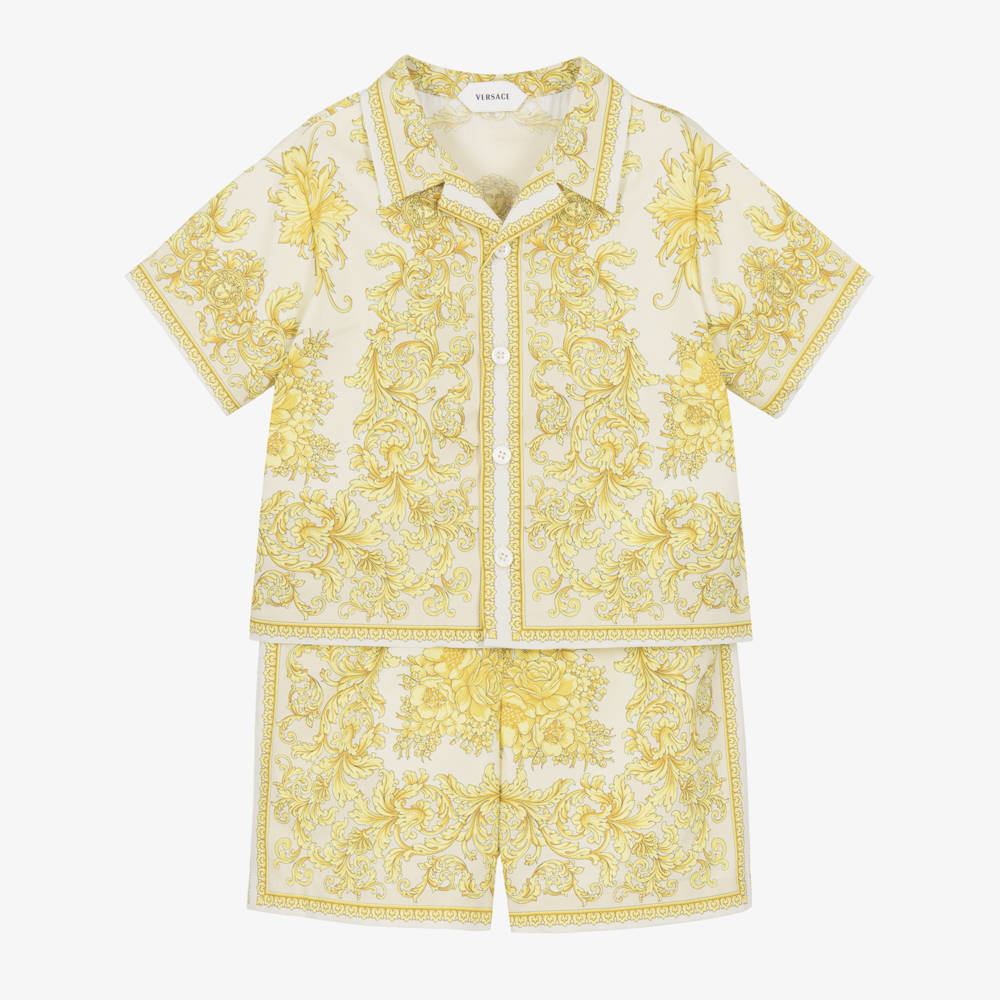 Versace-طقم شورت وقميص بطبعة باروكو لون عاجي وذهبي للأولاد الرضع | Childrensalon