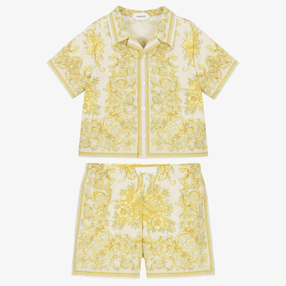 Versace-طقم شورت وقميص بطبعة باروكو لون عاجي وذهبي للأولاد الرضع | Childrensalon