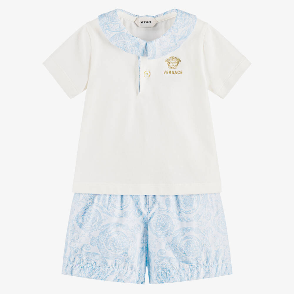 Versace-Baby Boys White & Blue Barocco Shorts Set | Childrensalon