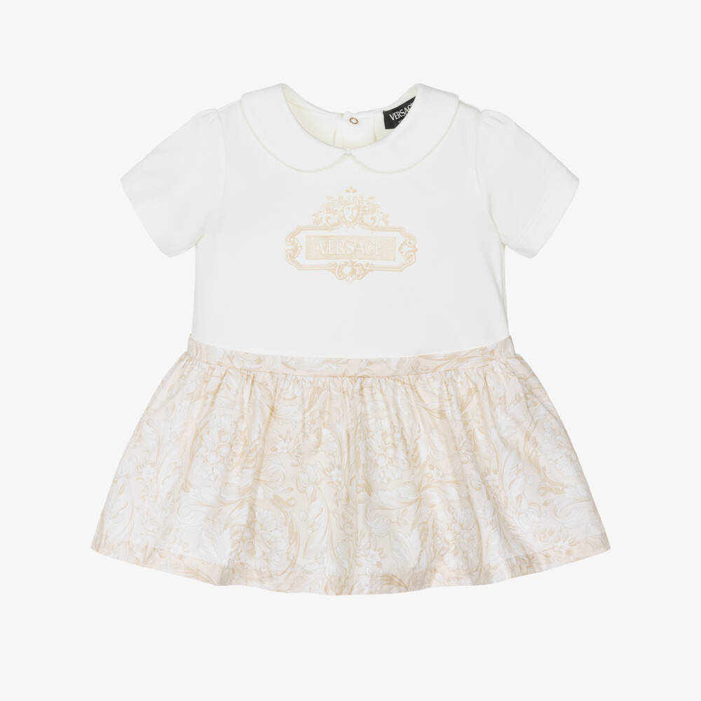 Versace-Baby Girls Beige Cotton Whisper Barocco Dress | Childrensalon
