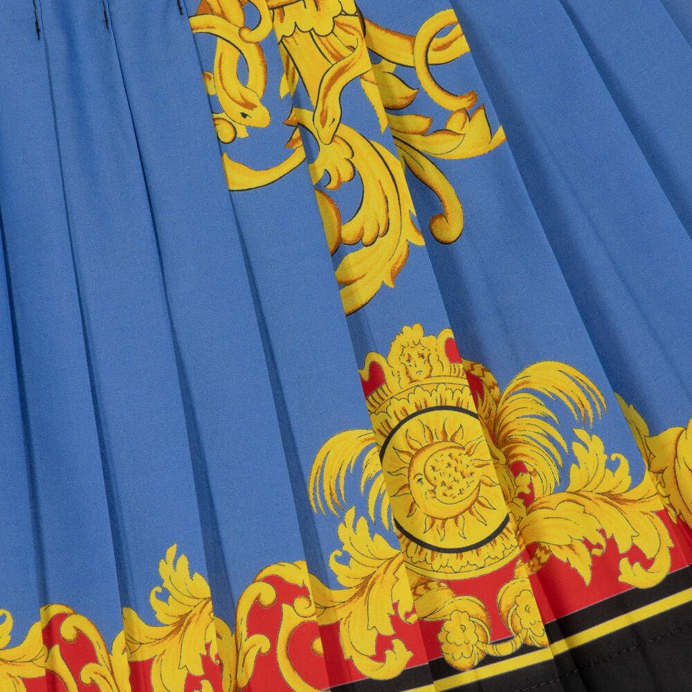 Versace-Baby Girls Blue & Gold Sun Print Pleated Poplin Skirt | Childrensalon