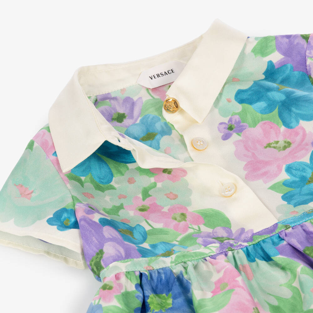 Versace-Baby Girls Blue & Purple Meadow Print Silk Twill Dress | Childrensalon