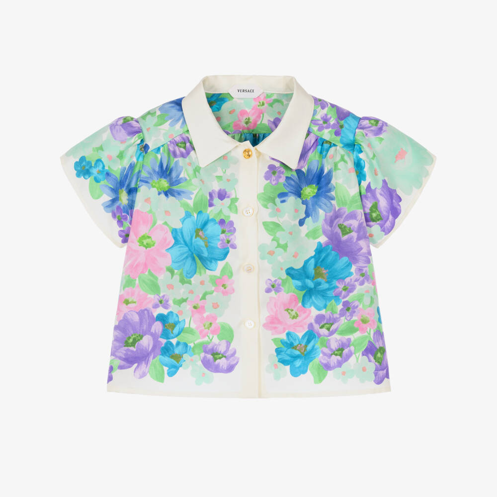 Versace-Baby Girls Blue & Purple Meadow Print Silk Twill Shirt | Childrensalon