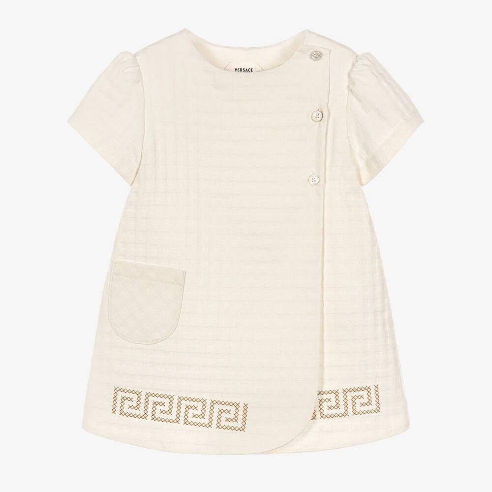 Versace-Baby Girls Cream Textured Cotton Dress with Greca Embroidery | Childrensalon