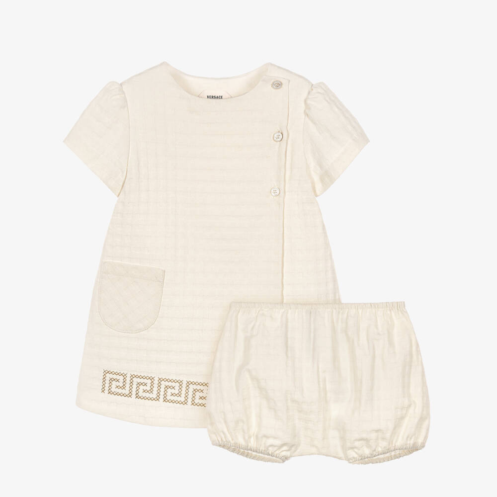 Versace-Baby Girls Cream Textured Cotton Dress with Greca Embroidery | Childrensalon