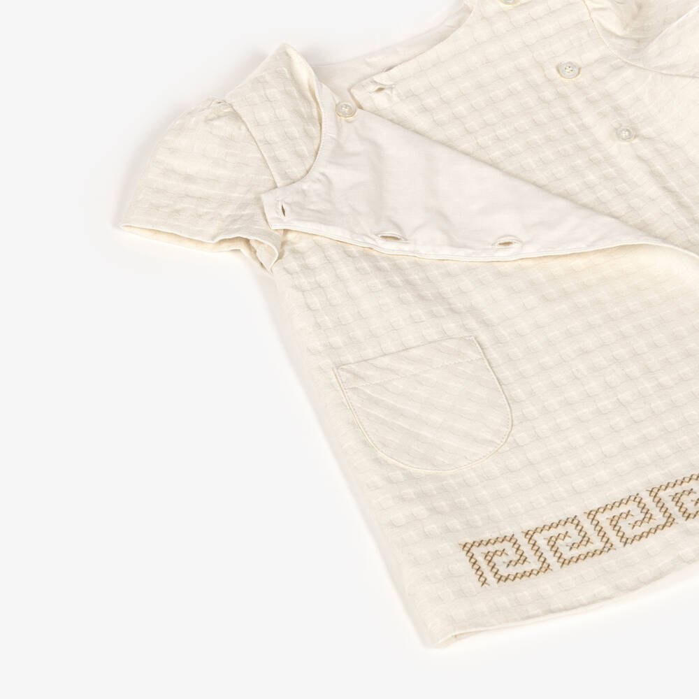 Versace-Baby Girls Cream Textured Cotton Dress with Greca Embroidery | Childrensalon