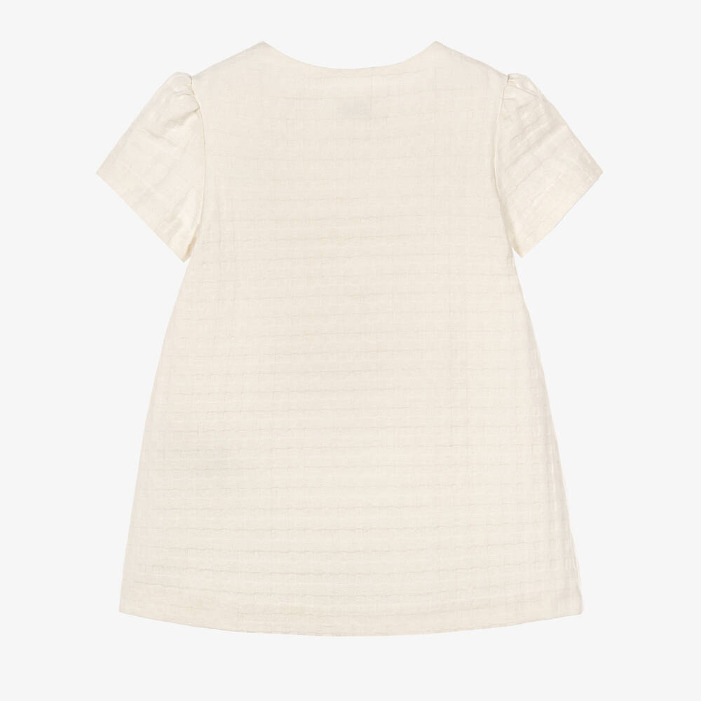 Versace-Baby Girls Cream Textured Cotton Dress with Greca Embroidery | Childrensalon