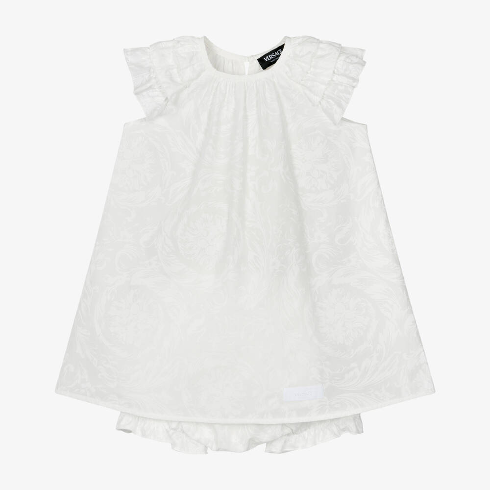 Versace-Baby Girls White Cotton Dress with Barocco Design | Childrensalon
