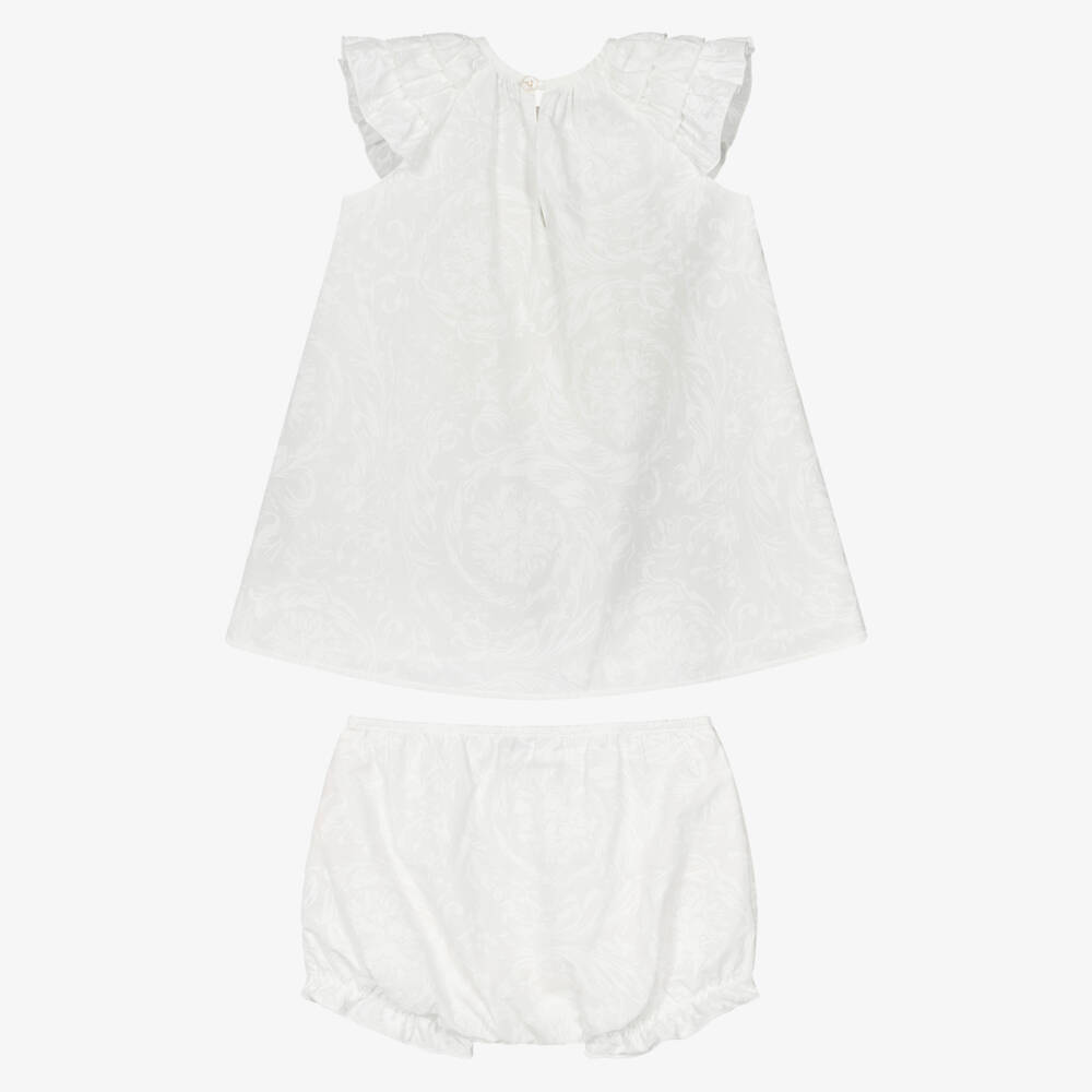 Versace-Baby Girls White Cotton Dress with Barocco Design | Childrensalon