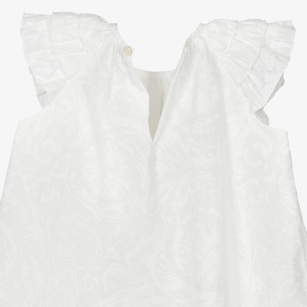 Versace-Baby Girls White Cotton Dress with Barocco Design | Childrensalon