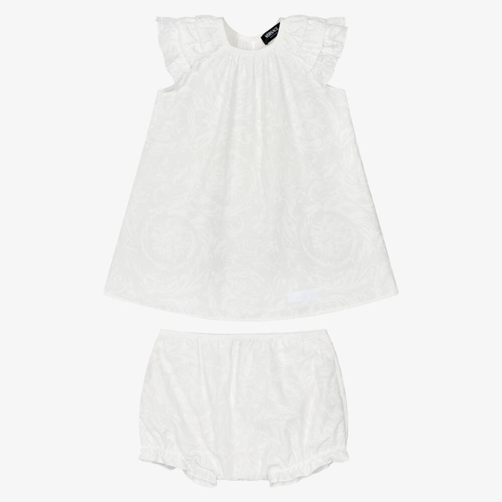 Versace-Baby Girls White Cotton Dress with Barocco Design | Childrensalon
