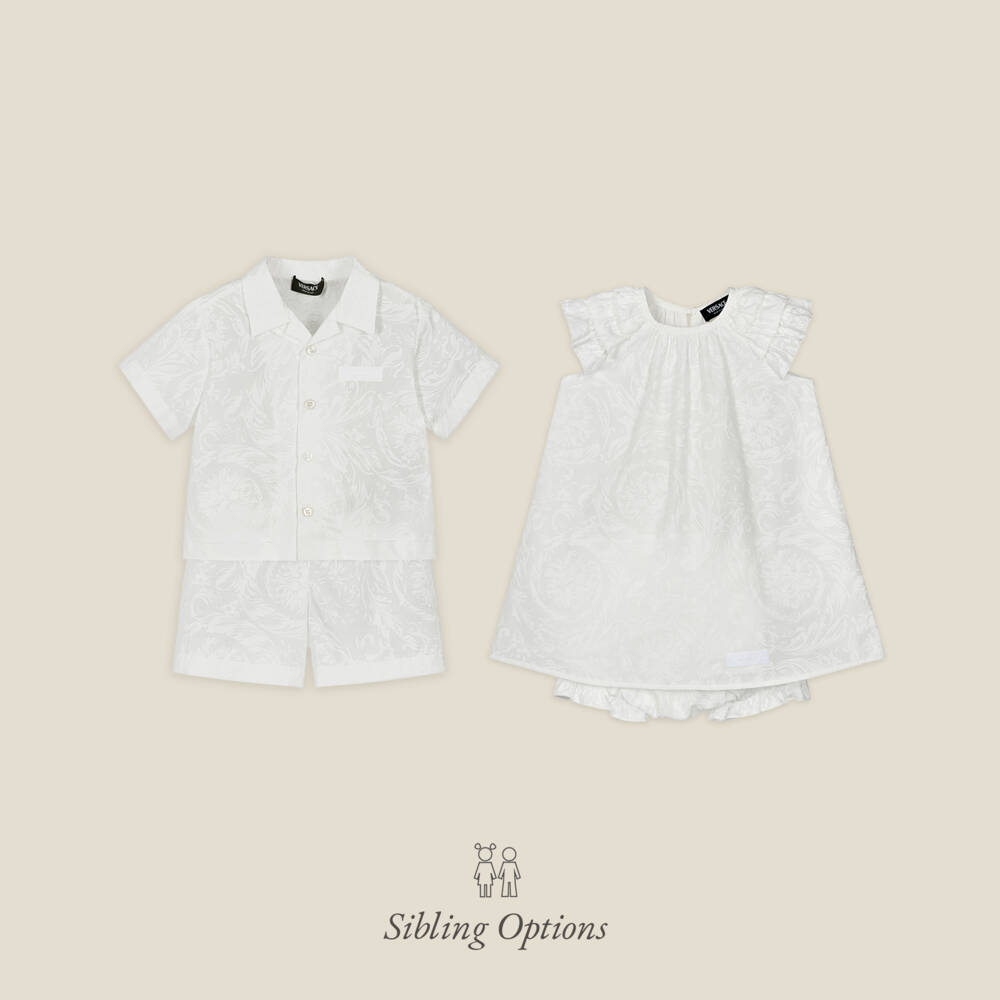 Versace-Baby Girls White Cotton Dress with Barocco Design | Childrensalon