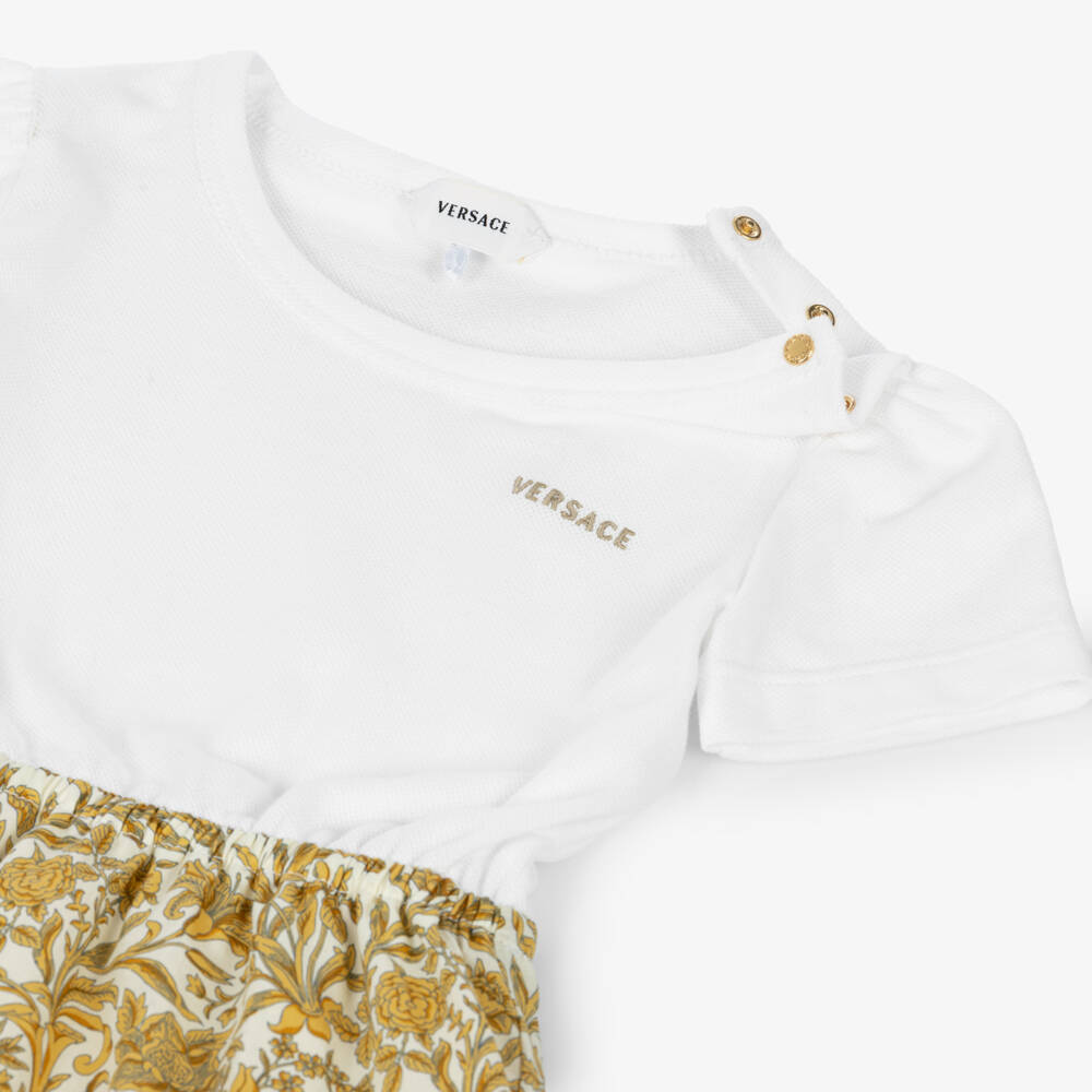 Versace-Baby Girls White & Gold Floral T-Shirt Dress | Childrensalon