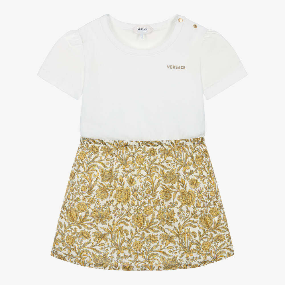 Versace-Baby Girls White & Gold Floral T-Shirt Dress | Childrensalon