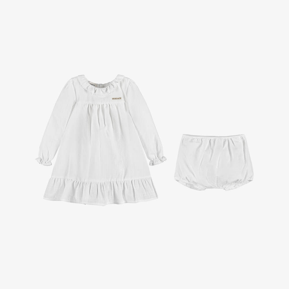 Versace-Baby Girls White Micro Greca Cotton Dress | Childrensalon