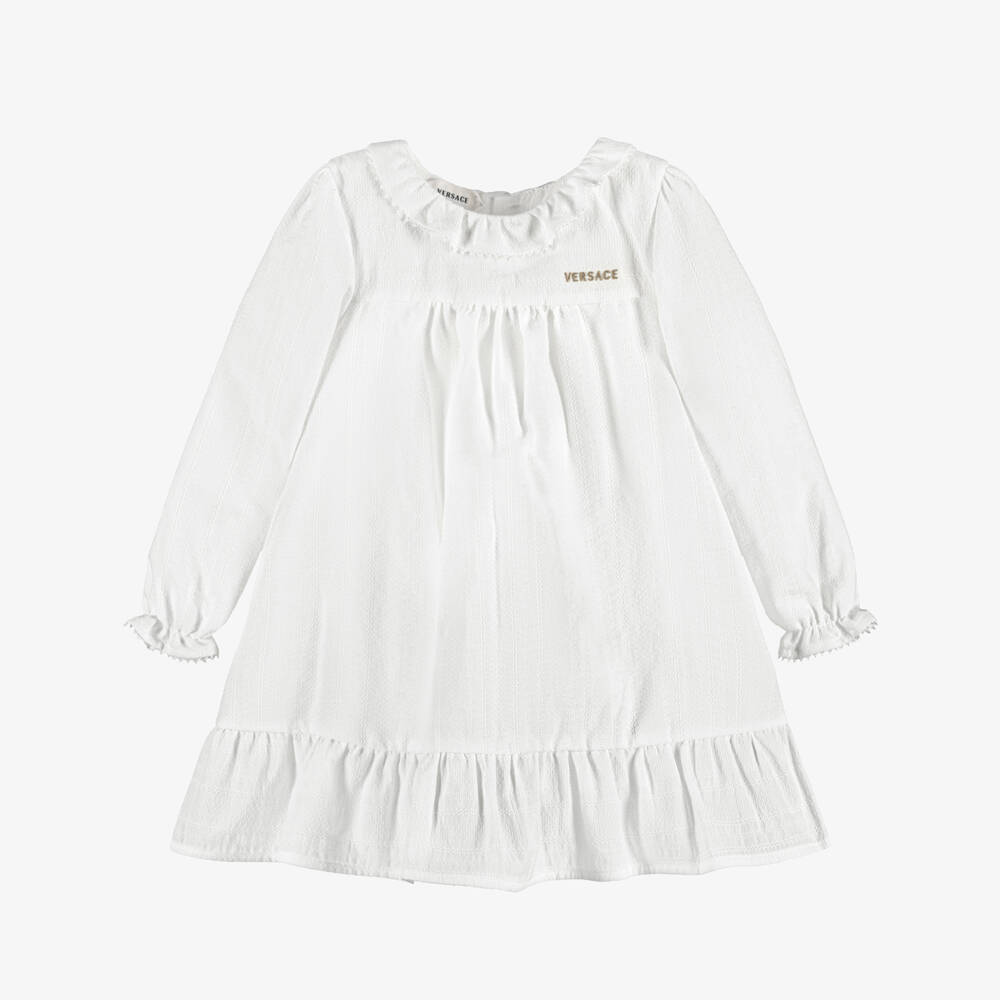 Versace-Baby Girls White Micro Greca Cotton Dress | Childrensalon