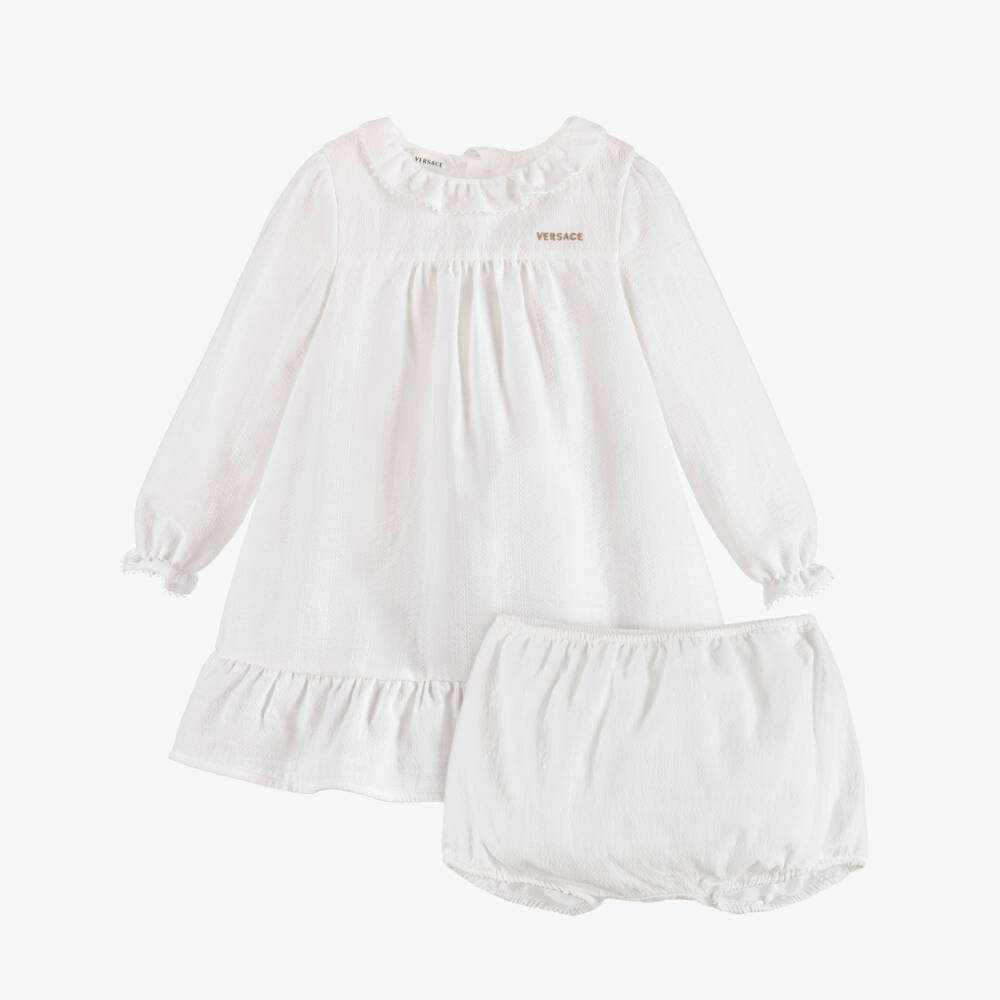 Versace-Baby Girls White Micro Greca Cotton Dress | Childrensalon