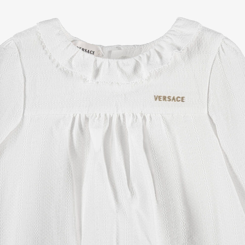 Versace-Baby Girls White Micro Greca Cotton Dress | Childrensalon