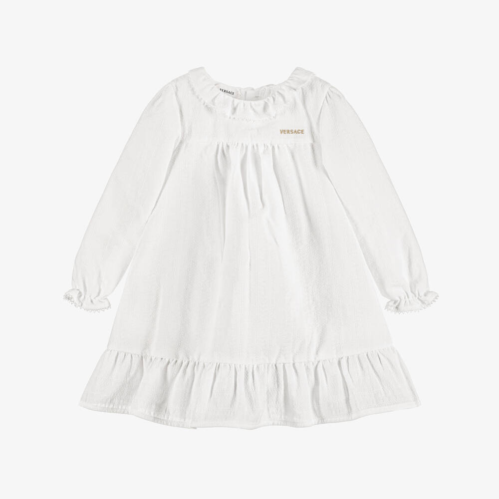 Versace-Baby Girls White Micro Greca Cotton Dress | Childrensalon