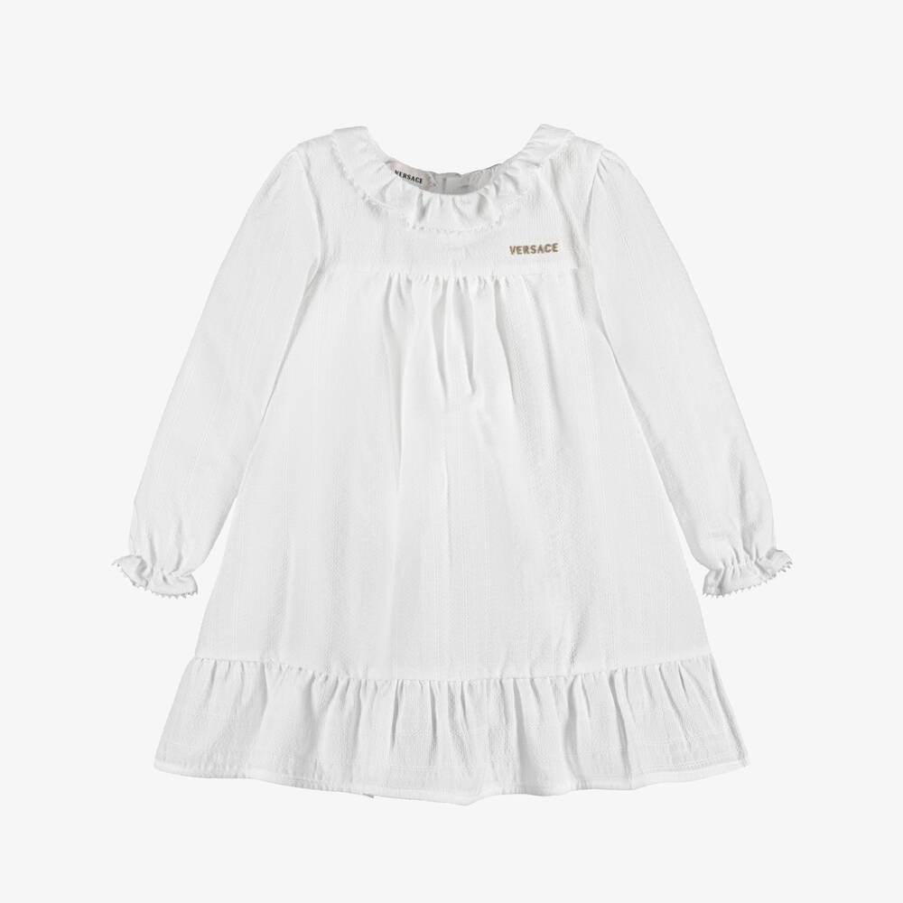 Versace-Baby Girls White Micro Greca Cotton Dress | Childrensalon