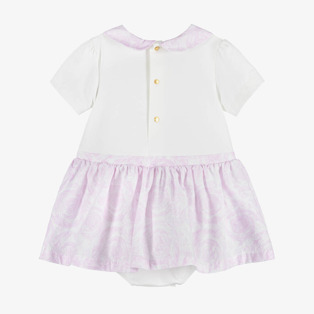 Versace-Baby Girls White & Pink Barocco Cotton Dress | Childrensalon