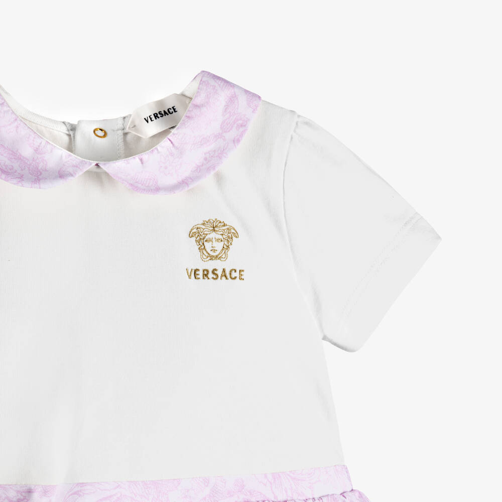 Versace-Baby Girls White & Pink Barocco Cotton Dress | Childrensalon